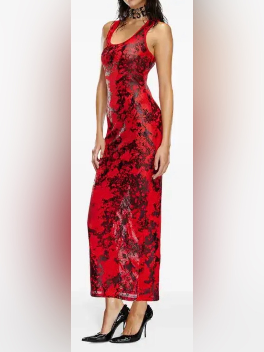 Diesel X Savage X Fenty Foiled Fishnet Maxi Slip Dress Red Black NWOT 4XL 22-24
